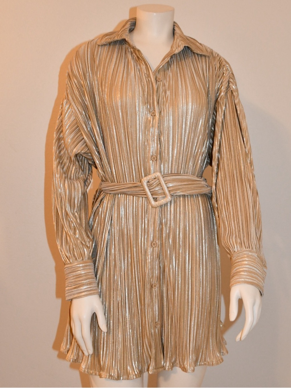 Le Lis Metallic Beige gold Pleated Long Sleeve Shirt Dress with Belt